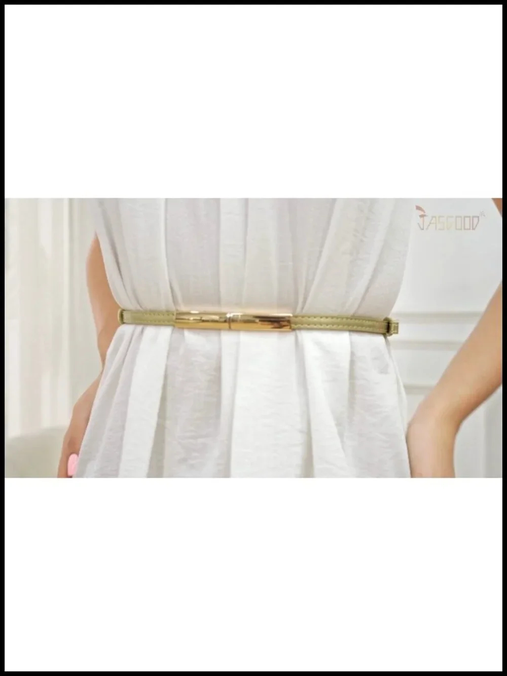 Women's Skinny Leather Patent Belt with Gold Square Interlocking Buckle |
